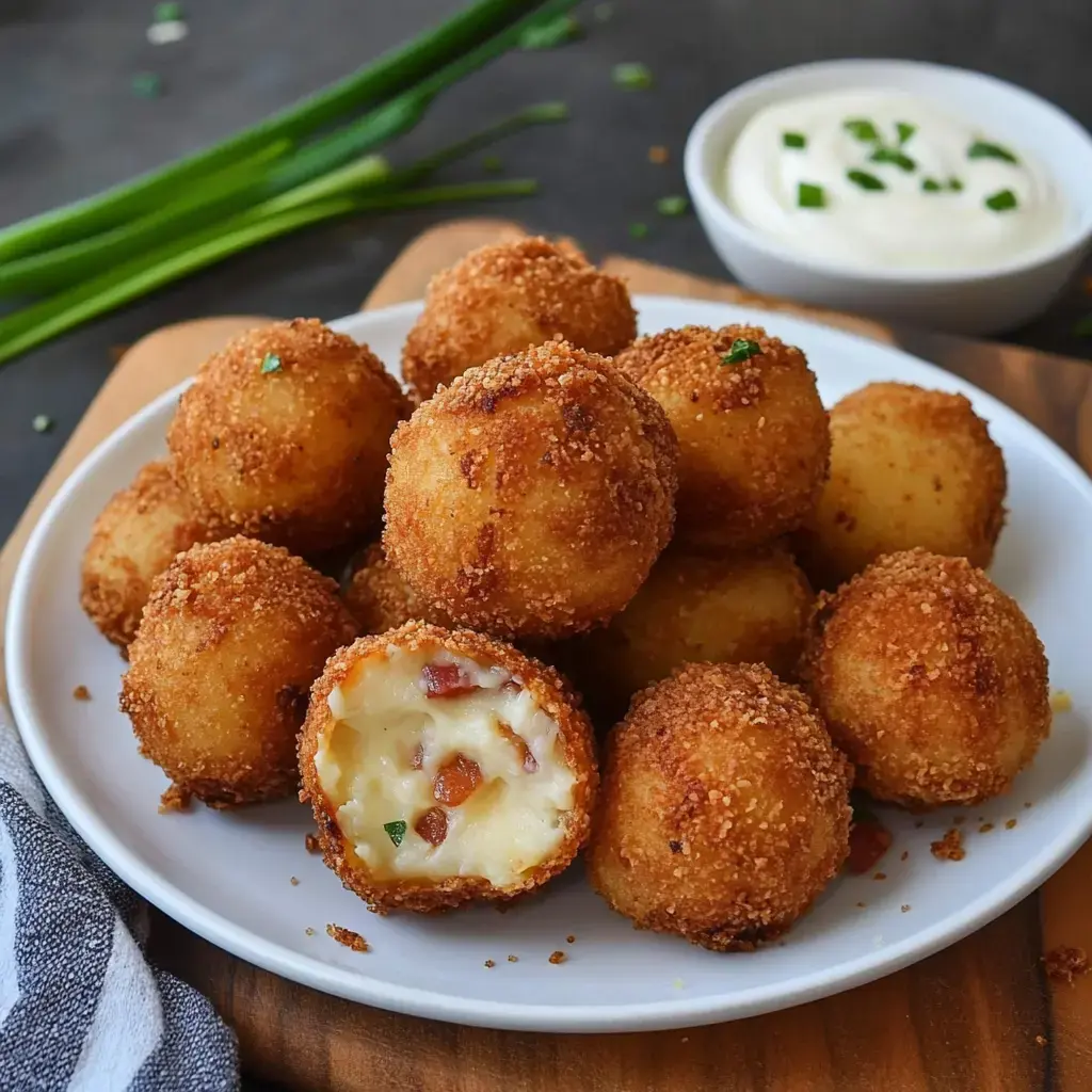 A bunch of crunchy golden potato balls oozing cheese with pieces of bacon, served with a dipping sauce in a small bowl.