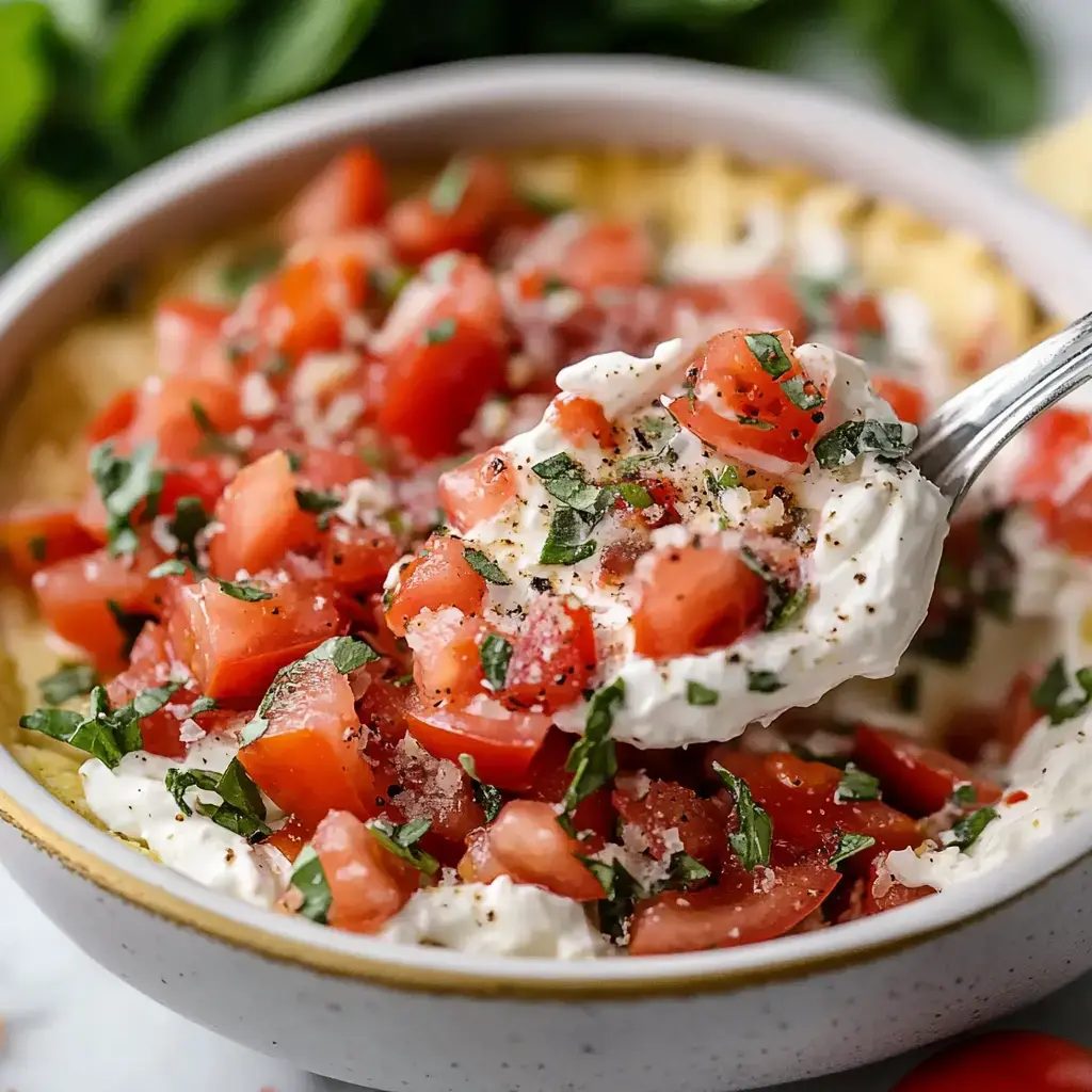 A bowl of creamy dip packed with diced tomatoes and herbs, someone scooping some out.