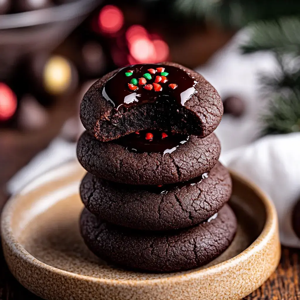 Four shiny chocolate cookies on a fancy plate, decorated with bright sprinkles.
