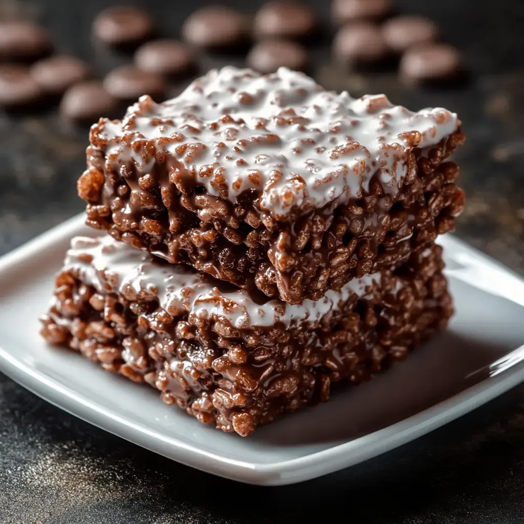 Glossy-topped chocolate crispy bars stacked on a plate, with scattered chocolate pieces behind.