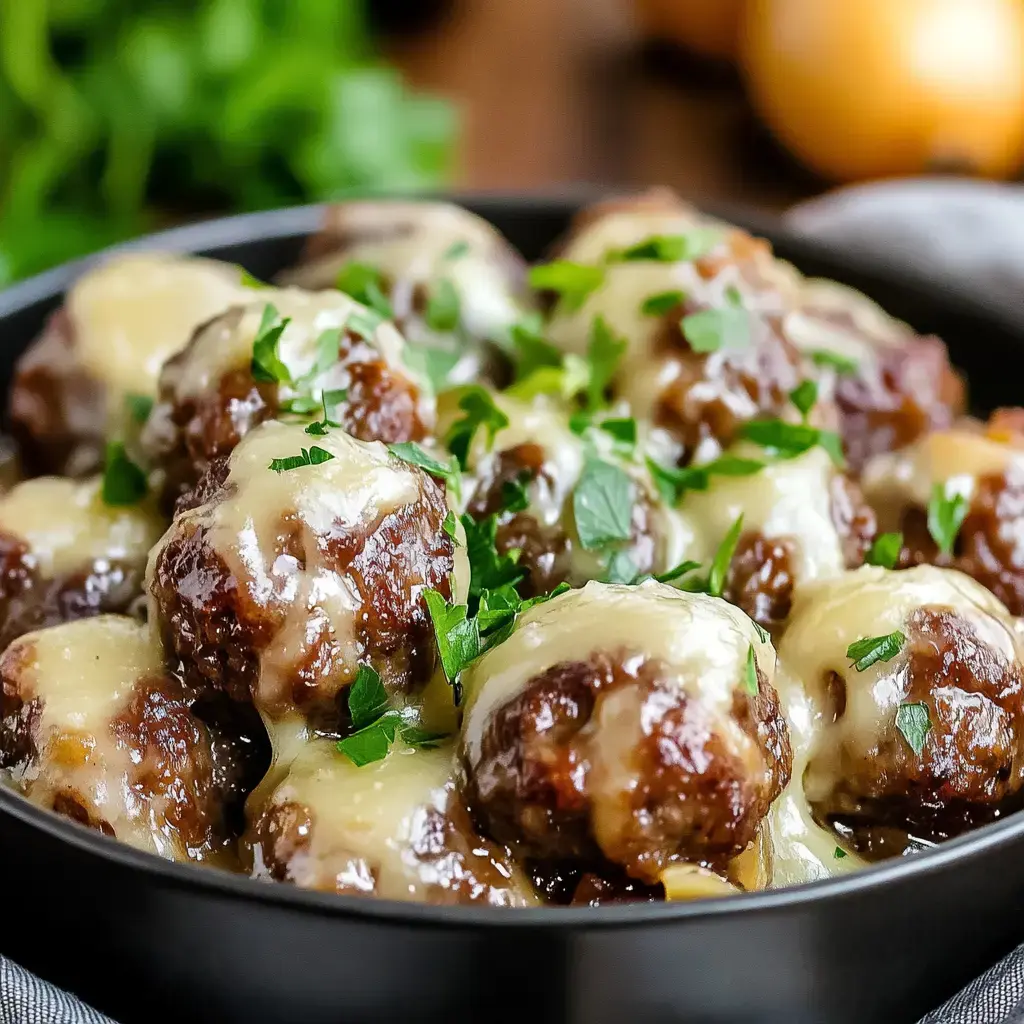 Juicy meatballs with gooey cheese and fresh parsley in a black bowl.