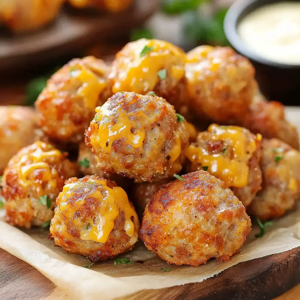 Close view of golden sausage balls with melted cheese and fresh parsley on a wooden board.