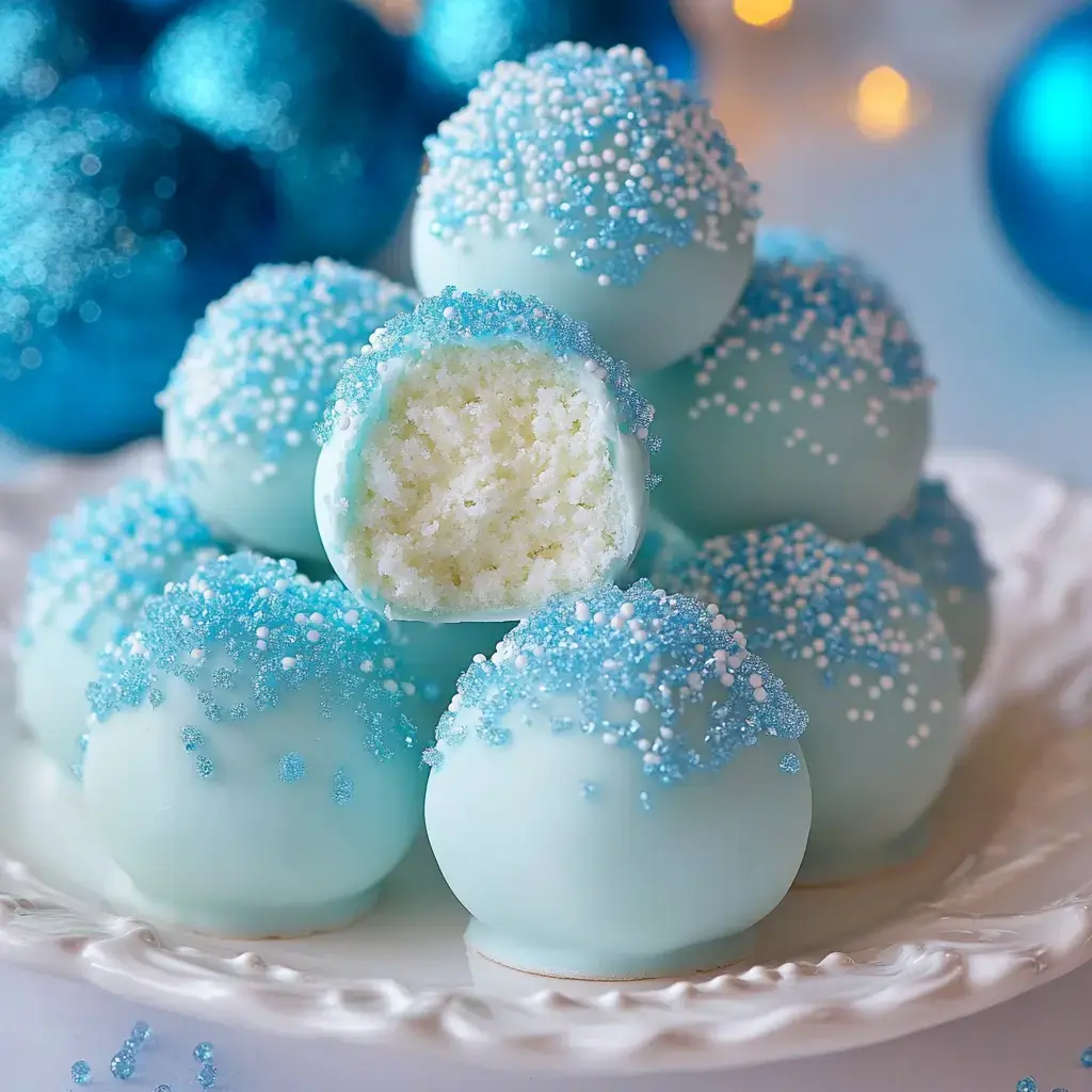 Light blue candy balls on a plate with festive sprinkles. One ball is cut open, showing a fluffy, soft center.