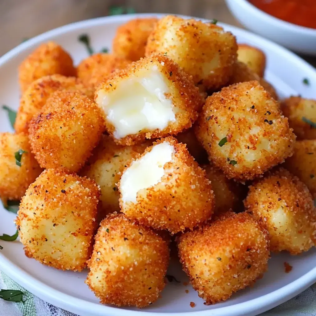Golden, crunchy cheese bites served on a plate; one split open and gooey inside.