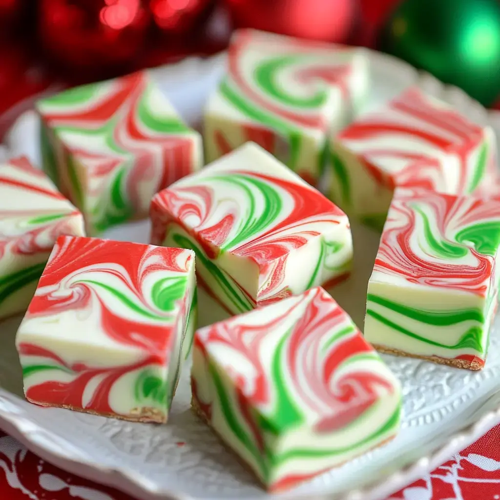 Colorful swirled holiday fudge in red, green, and white shown on a plate for sharing.