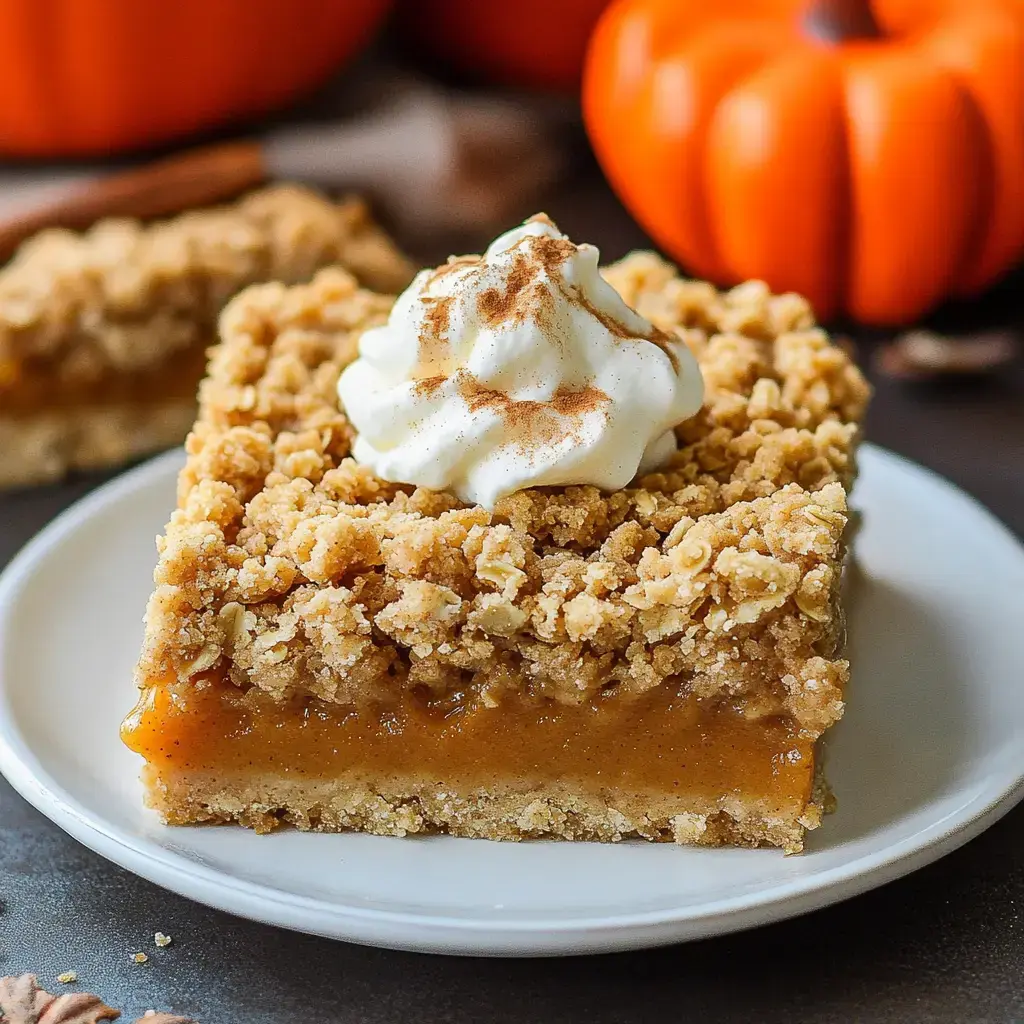 A pumpkin treat topped with whipped cream and cinnamon sits on a white plate, with festive pumpkins nearby.