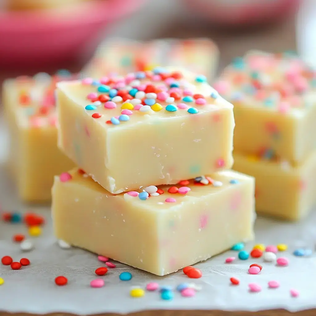 Stacked creamy fudge squares with rainbow sprinkles on parchment.