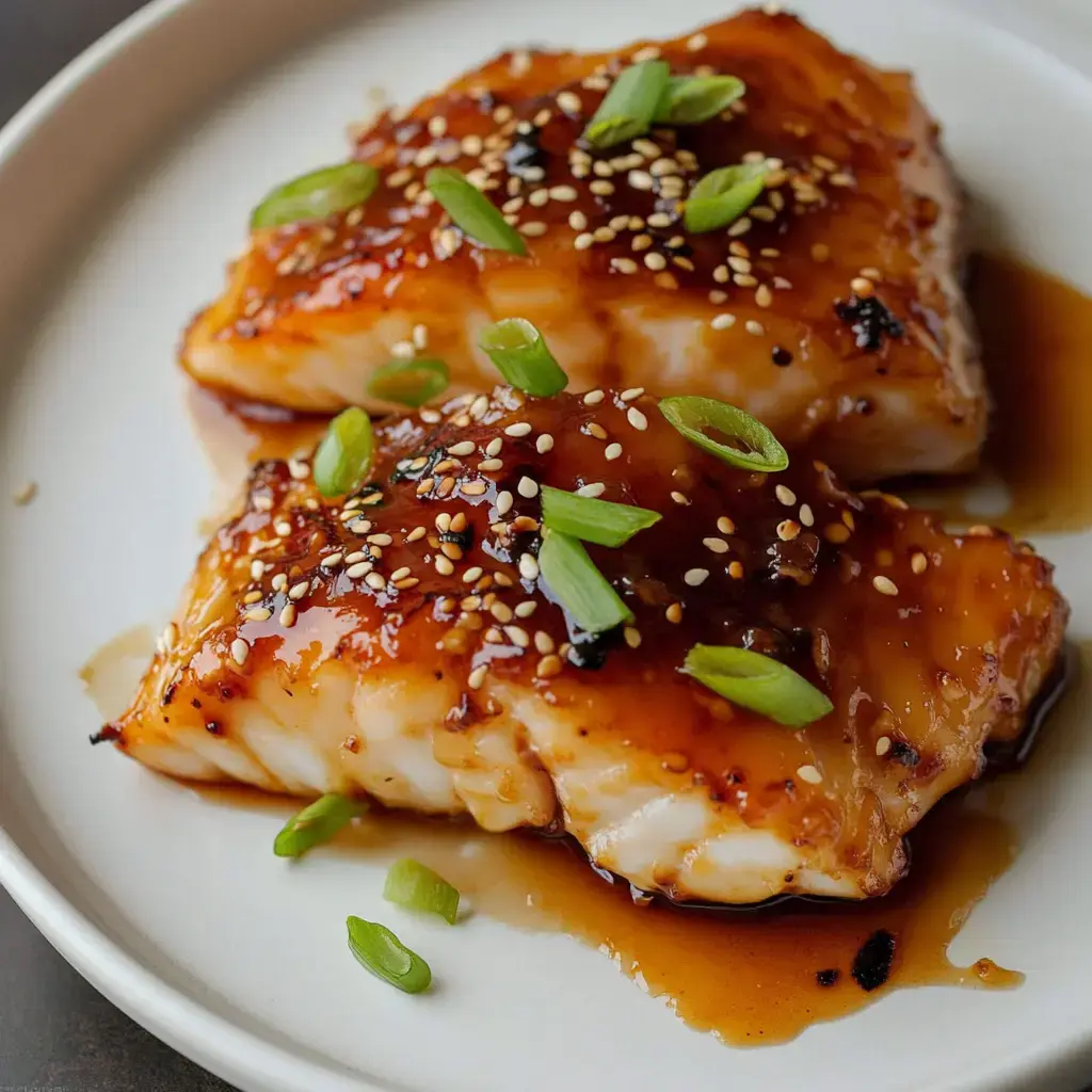 Two shiny cod fillets topped with sesame seeds and chopped green onion rest on a white plate.
