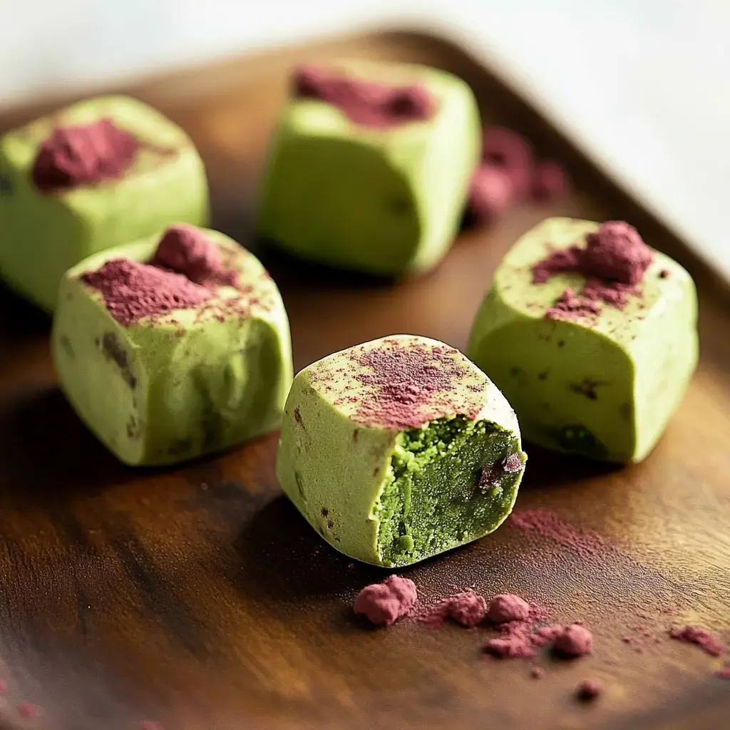 Square matcha treats with a pretty green middle and a sprinkle of pink powder, one missing a bite.