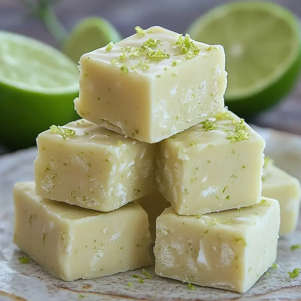 Creamy fudge squares bursting with lime, next to halved fresh limes and lots of zest sprinkled everywhere.