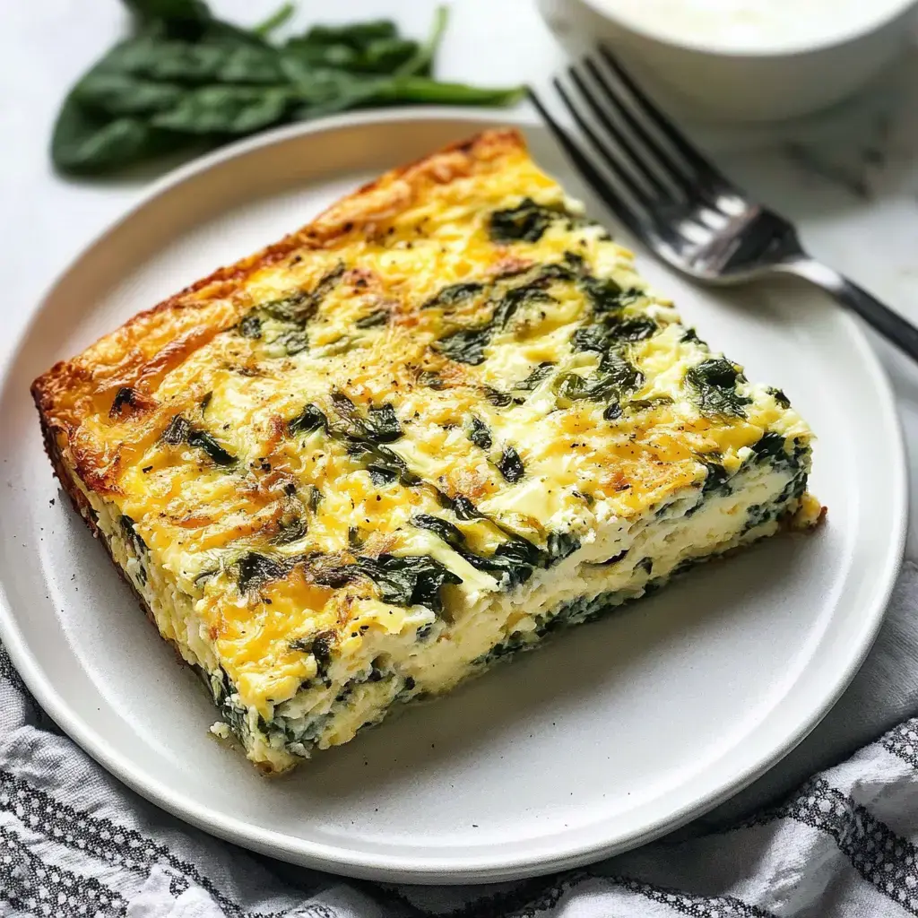A cheesy spinach and egg slice on a white plate with a fork and little bowl in the shot.