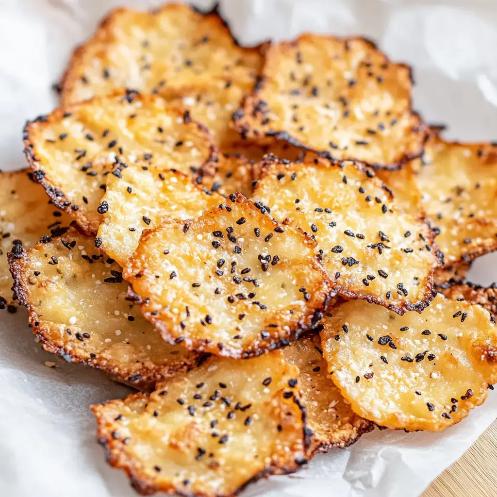 Close shot of super crisp golden chips with black sesame on white paper.