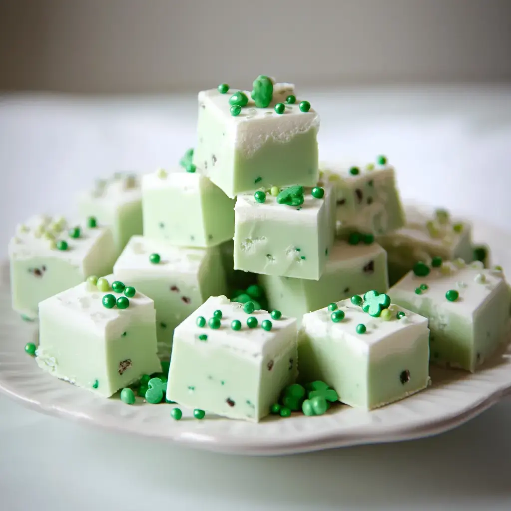 Lots of little green fudge cubes all stacked up with shamrock and green sprinkles everywhere.