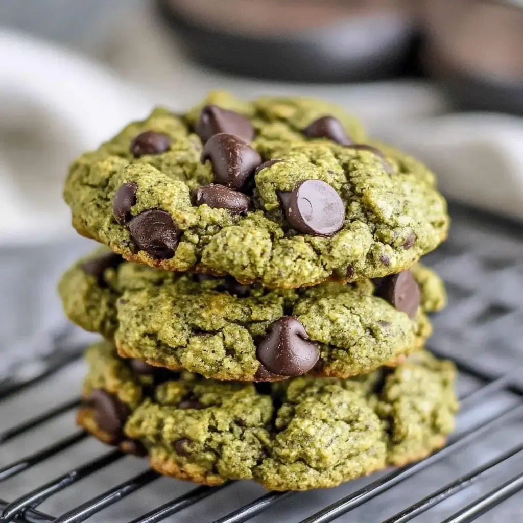 Stack of green tea cookies with chocolate on a wire rack.