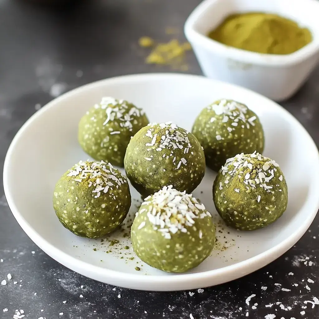 Six matcha coconut balls on a plate, dusted with coconut. A bowl filled with green matcha powder sits behind them.