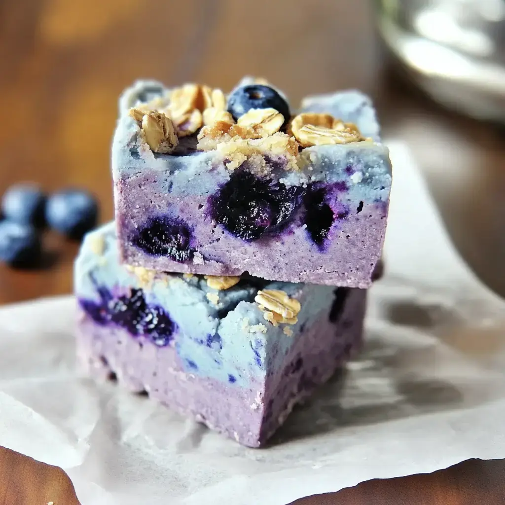 Two chunky blueberry layered bars with oats on parchment, fresh blueberries scattered beside.