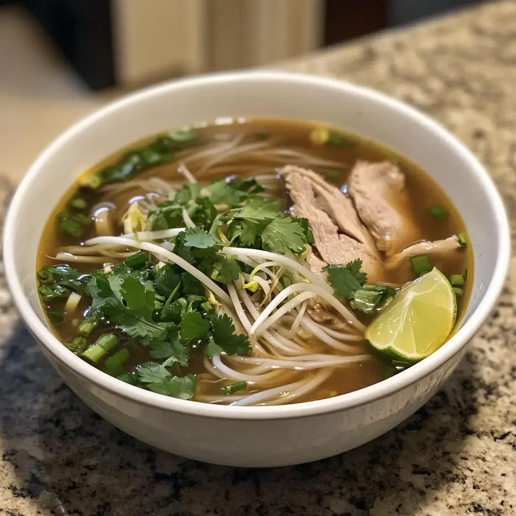 A warm bowl with noodles, chicken slices, crisp veggies, bean sprouts, a wedge of lime, and fresh herbs—set on a stone counter.