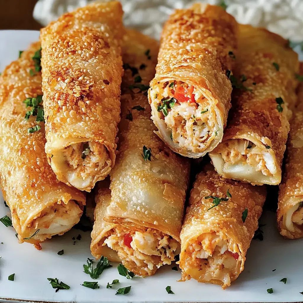 Zoomed-in shot of golden-brown egg rolls stuffed with crab on a white plate, topped with green herbs.