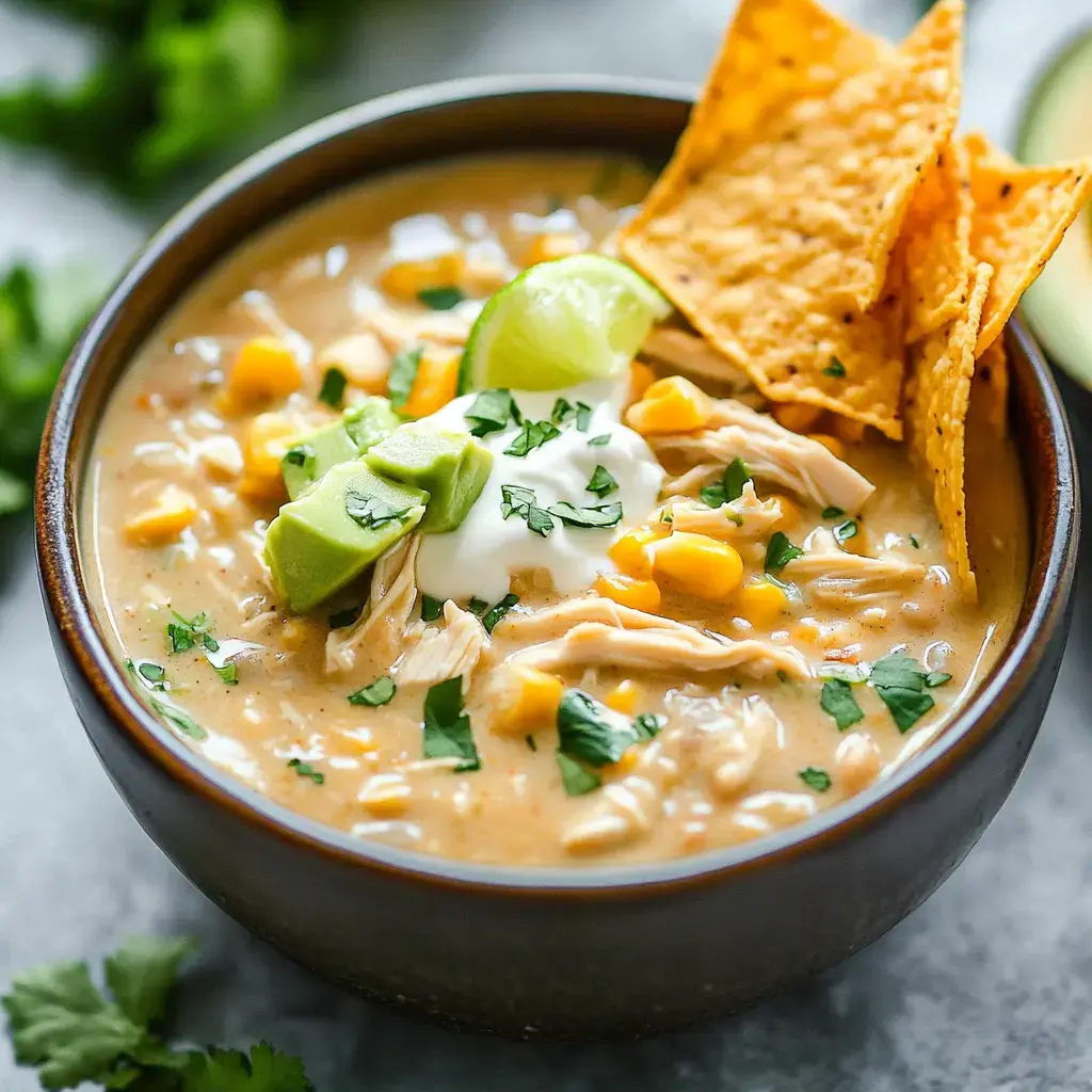 Creamy chicken soup in a bowl topped with avocado, fresh cilantro, tortilla chips, sour cream, and corn.