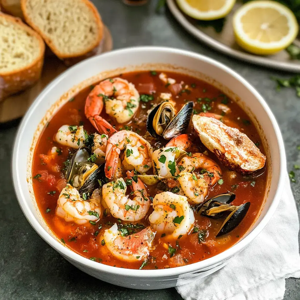 Seafood stew with mussels, shrimp, fresh herbs and bread slices, plus lemon wedges on the side.