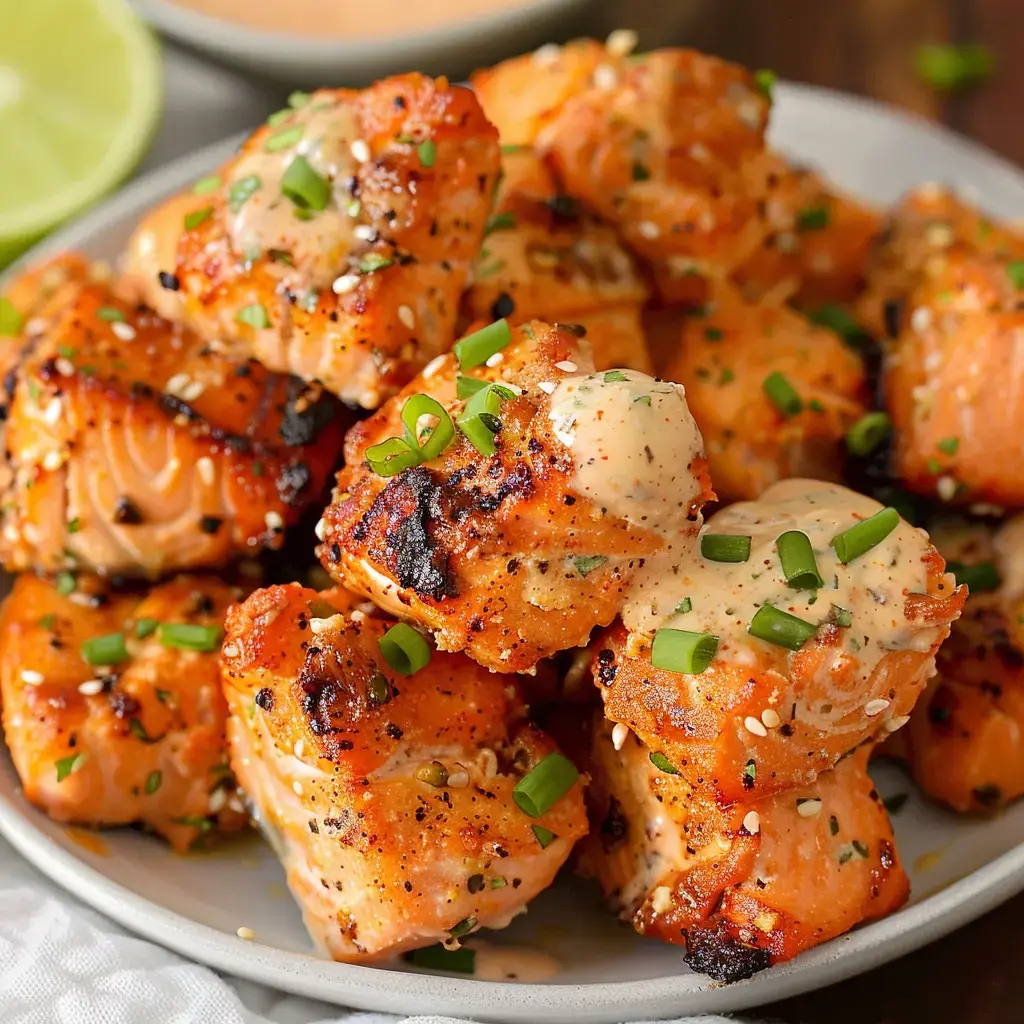 Chunks of grilled salmon topped with creamy sauce and fresh scallions.