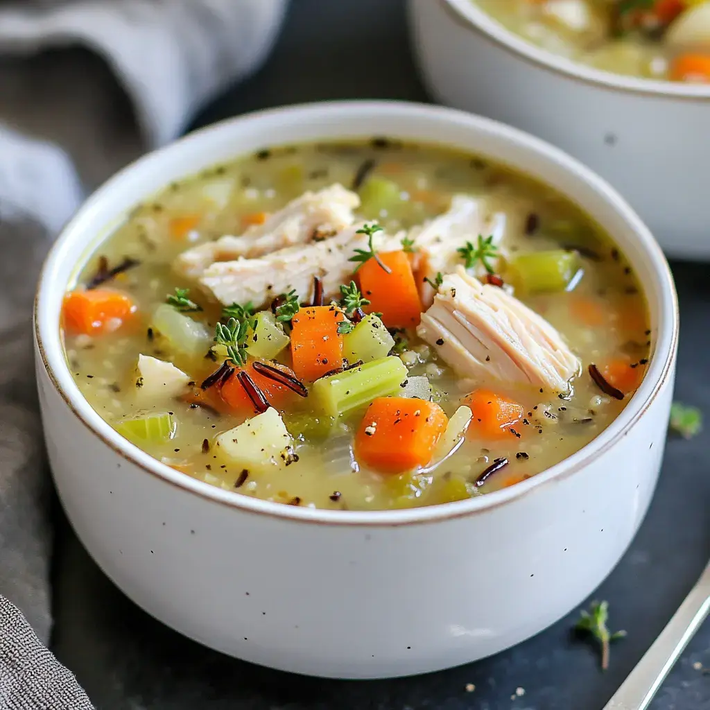 Big bowl of chicken veggie soup with wild rice, carrots, celery, and fresh herbs on a dark background.
