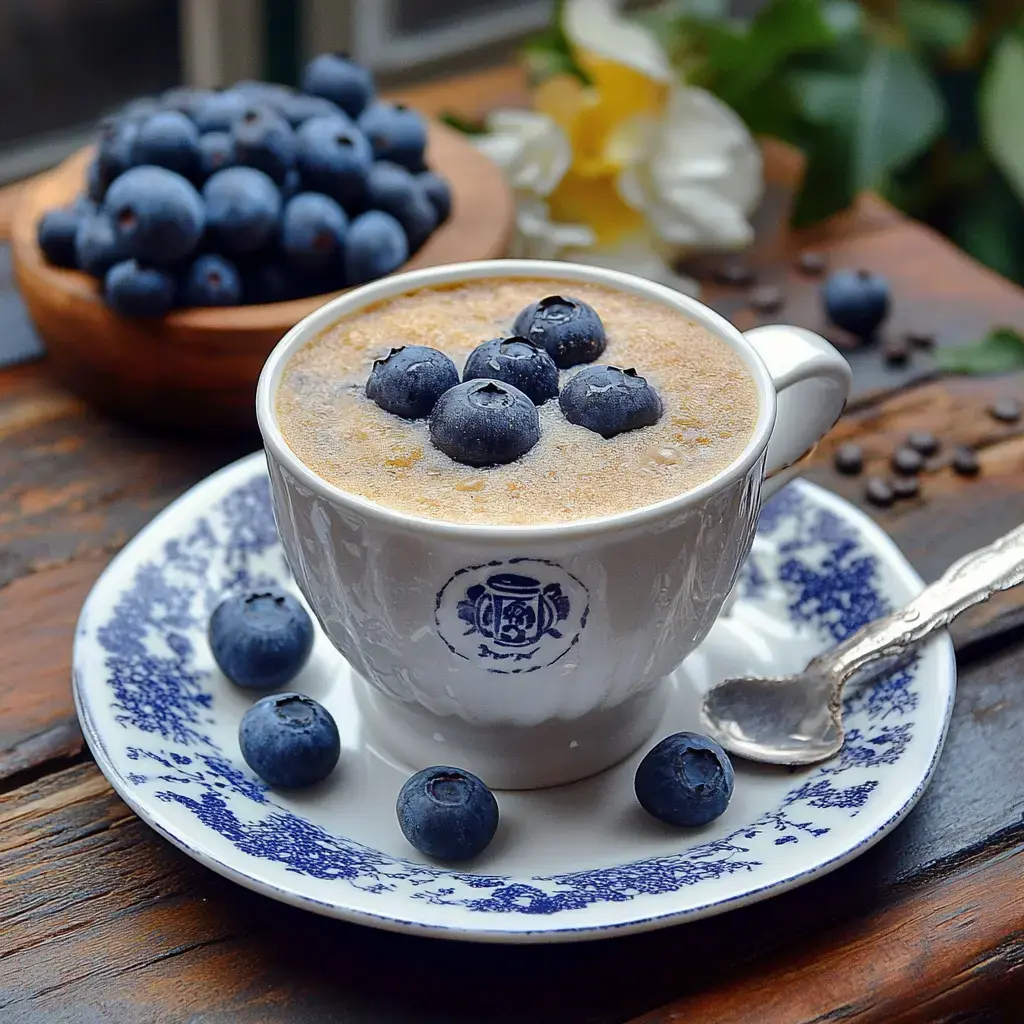 A creamy drink with blueberries on top sits in a white cup and blue-patterned saucer, next to scattered berries and a spoon.