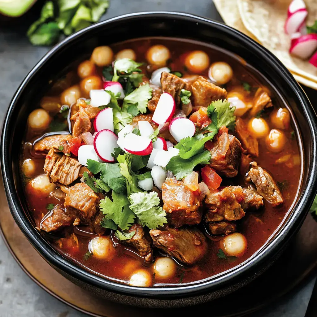 Big bowl of chunky pozole with pork, topped with crisp radish and cilantro, plus onions on the side.