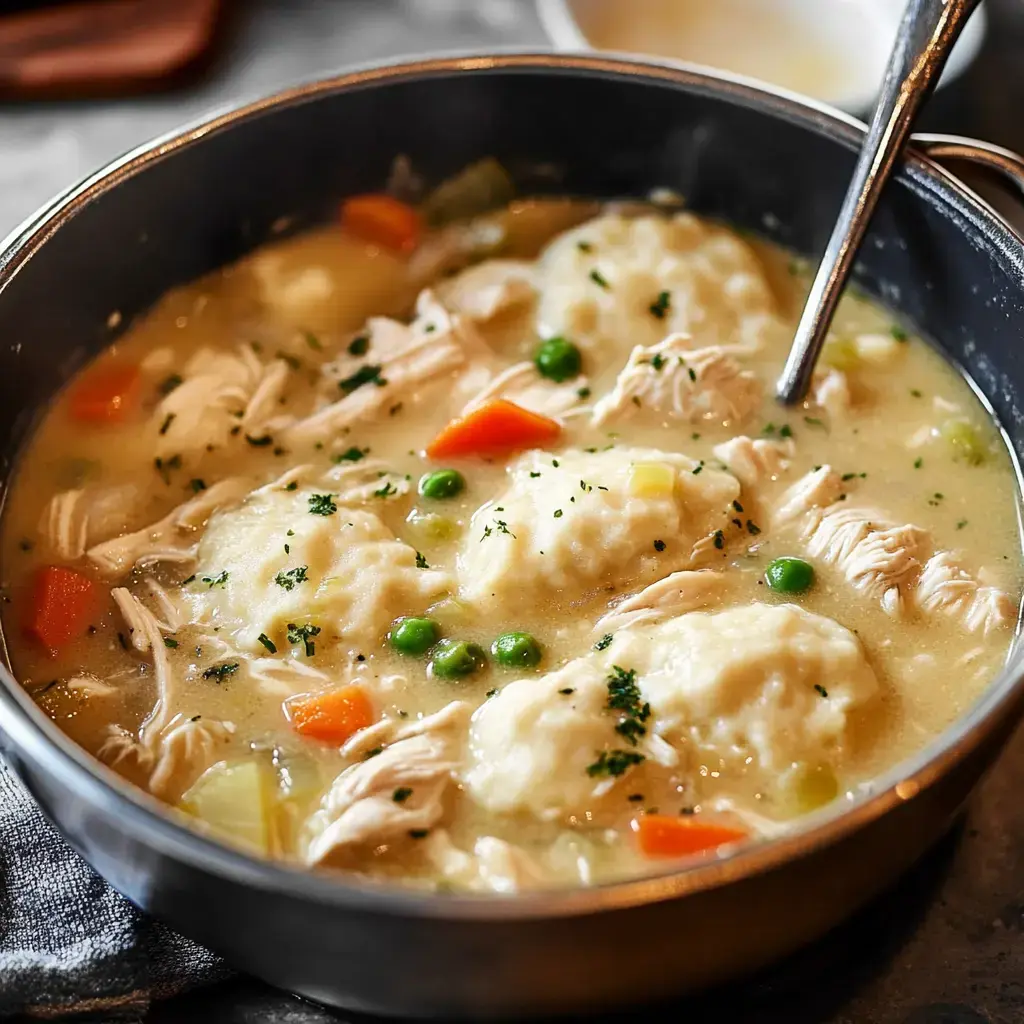Bowl packed with chicken, veggies, and big dumplings in creamy broth. Everything looks extra cozy up close.