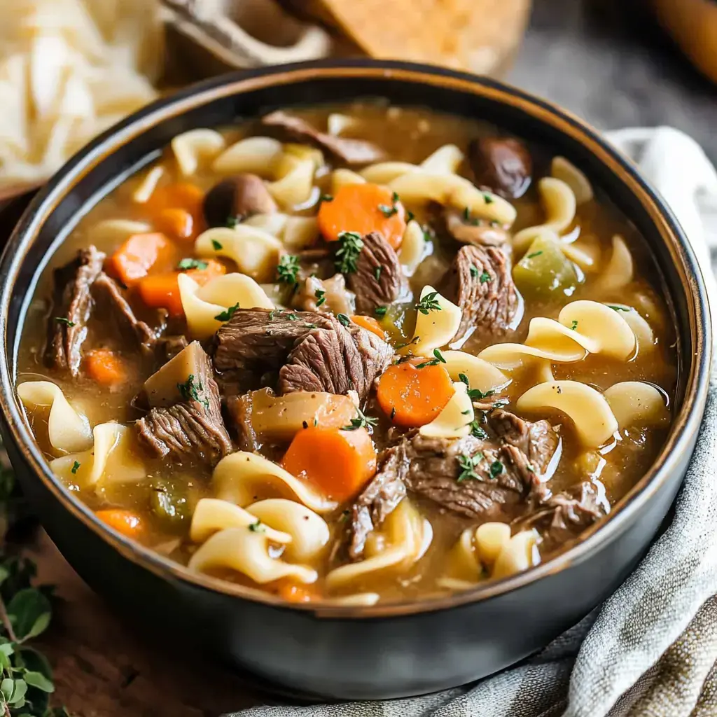 Hearty soup in a wooden bowl with beef pieces, spiraled noodles, carrots, and a sprinkle of herbs.