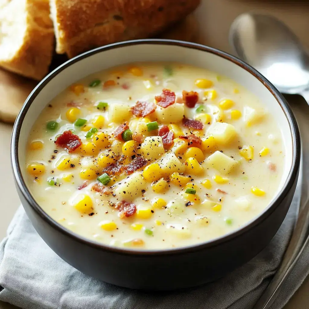 Creamy corn and potato soup with bacon and scallions in a white bowl, bread on the side.