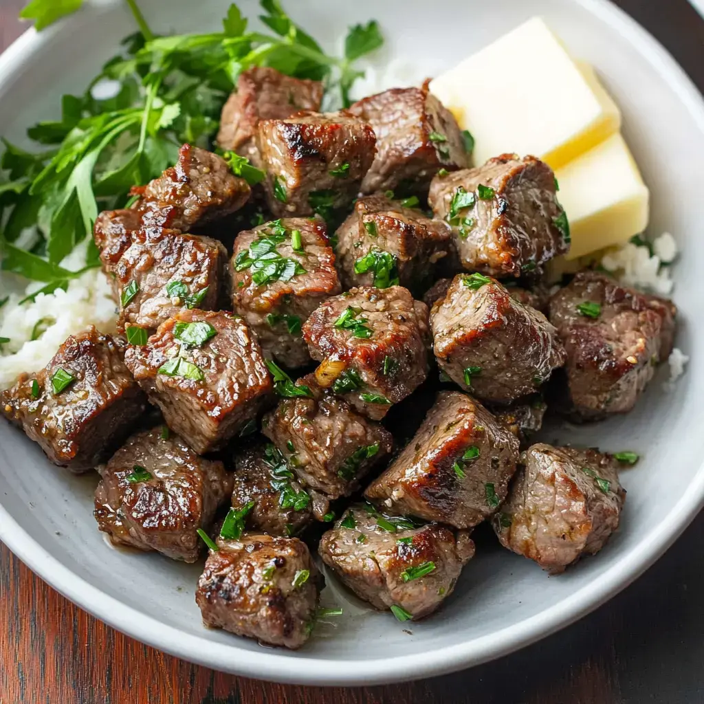 Chunks of beef tossed with fresh herbs on a bowl of rice, plus a few butter pats on top.