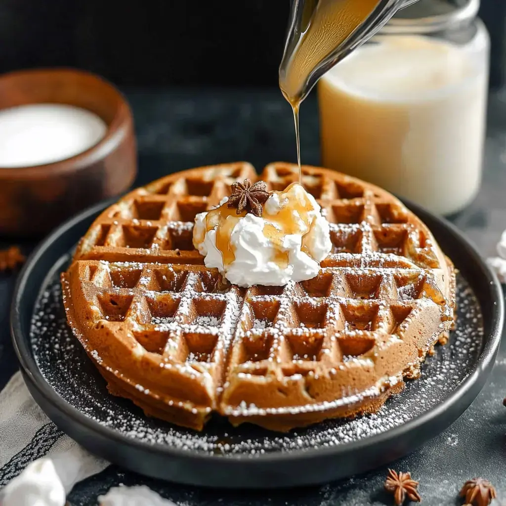 Golden brown waffle with whipped cream and syrup on a dark plate, milk and a wooden bowl in the background.