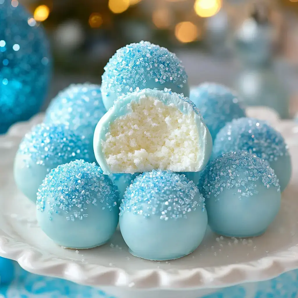 A sparkly plate loaded with blue cake bites rolled in sugar, one sliced open so you can see the soft white center.