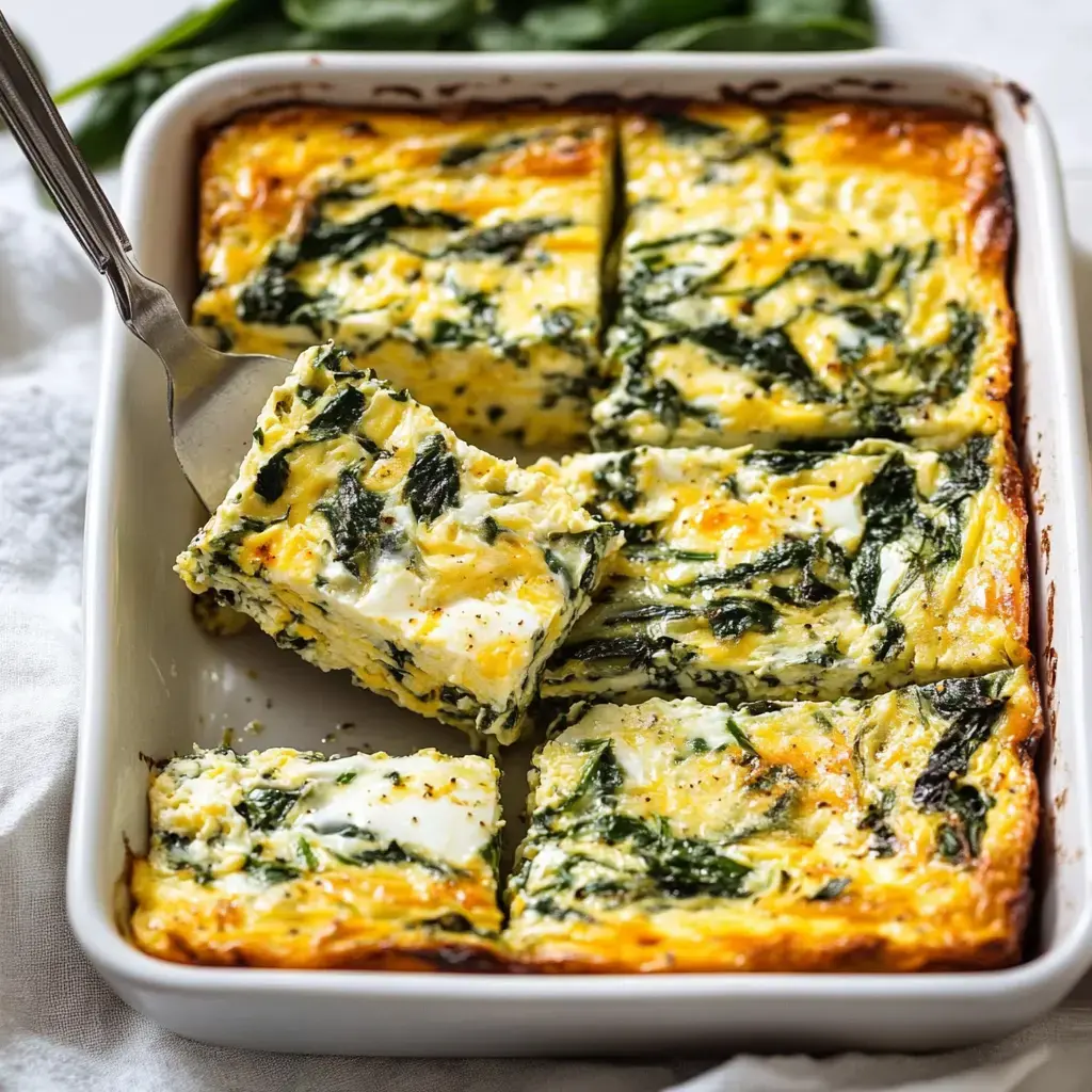 A slice of the fluffy spinach and cheese bake being served from a dish, showing a golden top and visible layers of greens and cheese inside.