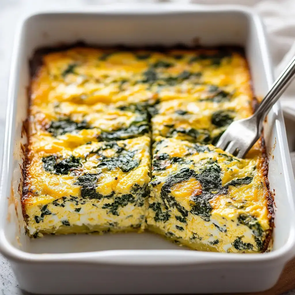 Fluffy spinach and cheese frittata sliced into squares in a white baking dish, a fork resting to the side, ready to eat.