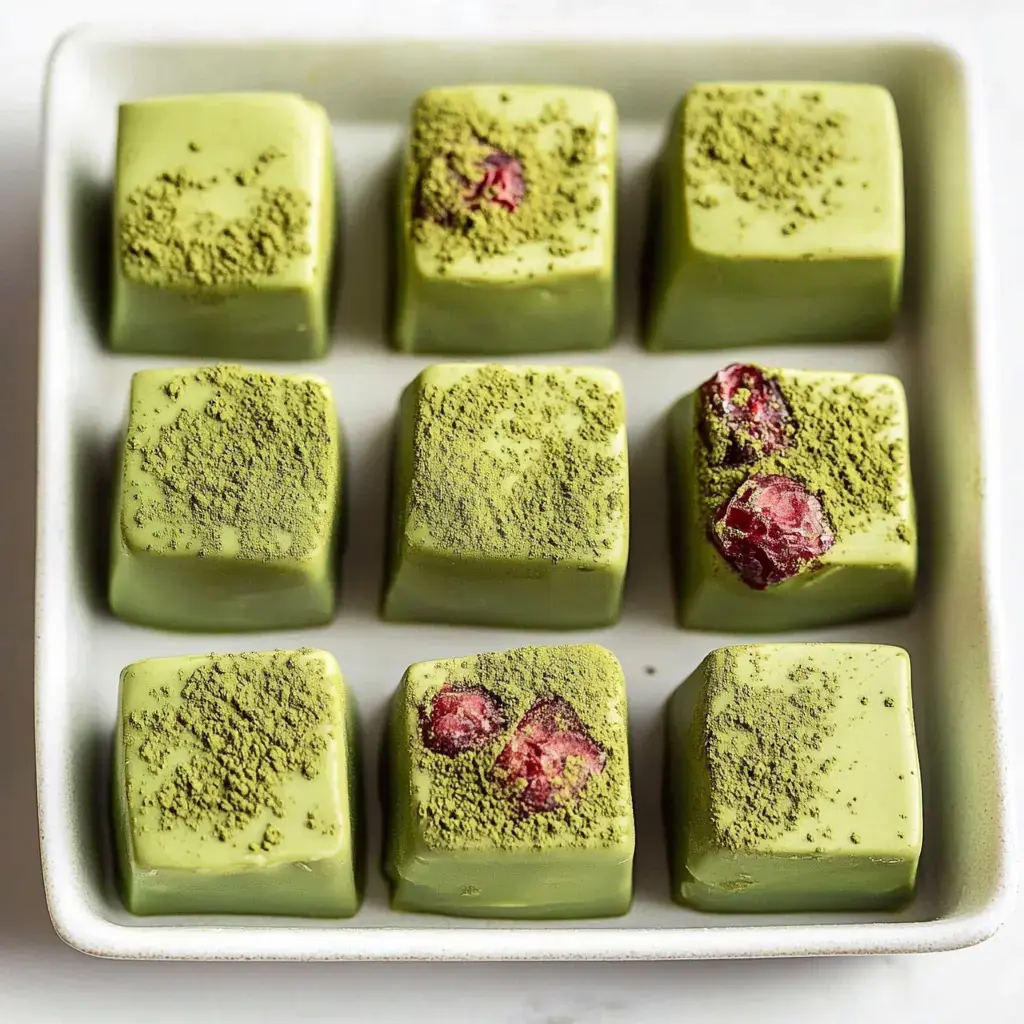 Nine green matcha chocolates sit on a white plate, some dusted with matcha powder and topped with raspberry bits.