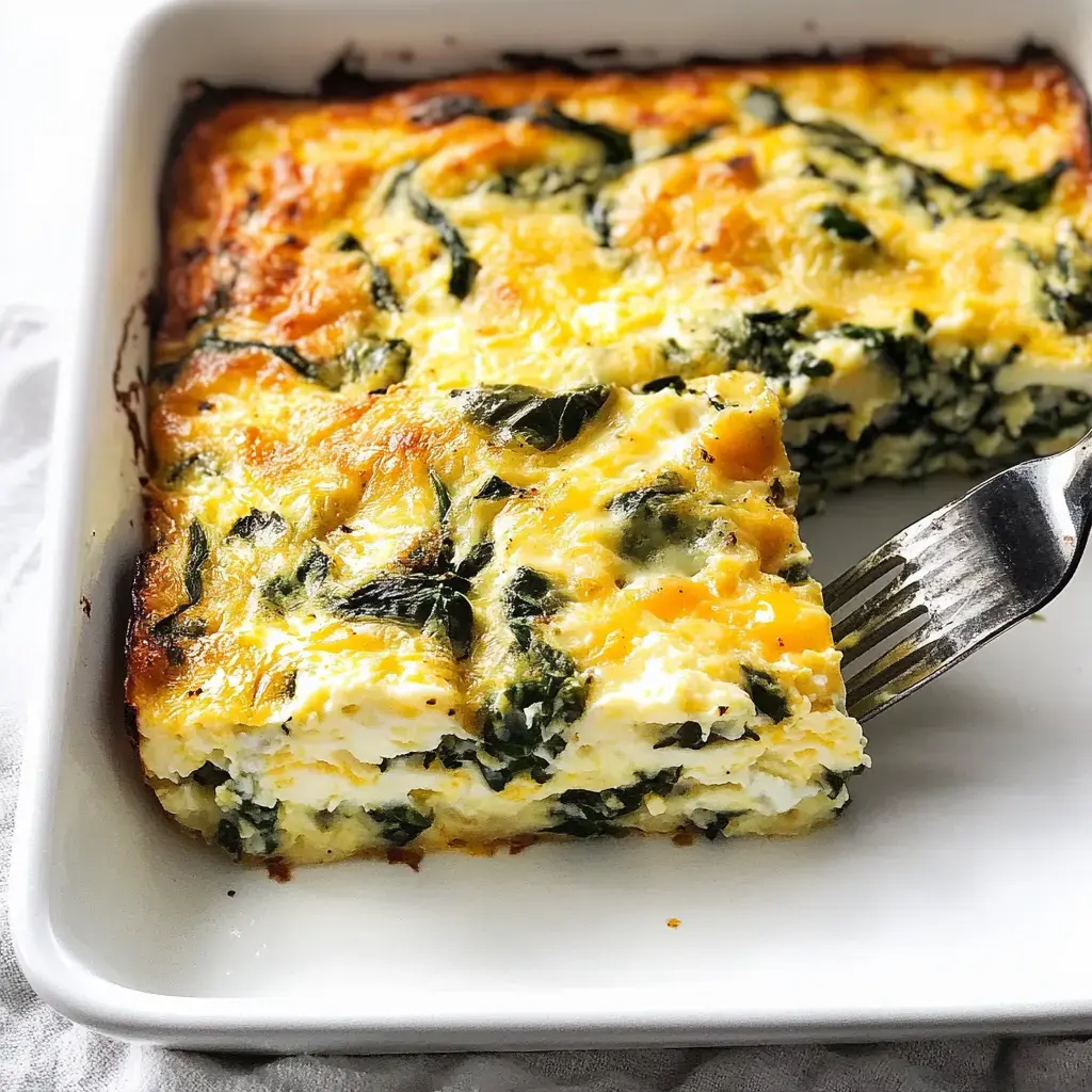 A casserole filled with creamy spinach and cheese layers has been cut, showing off its rich interior texture.