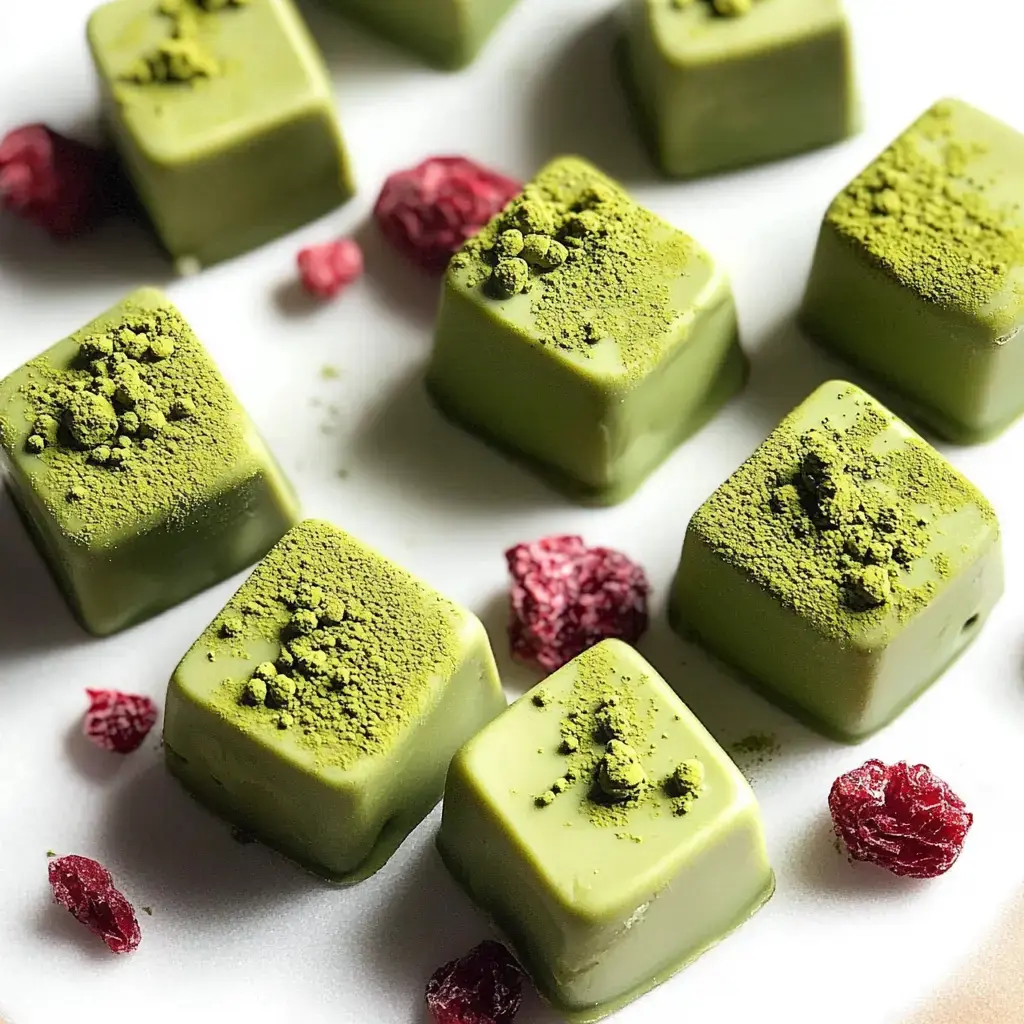 A white plate loaded with green matcha chocolates and dried red berries scattered around.