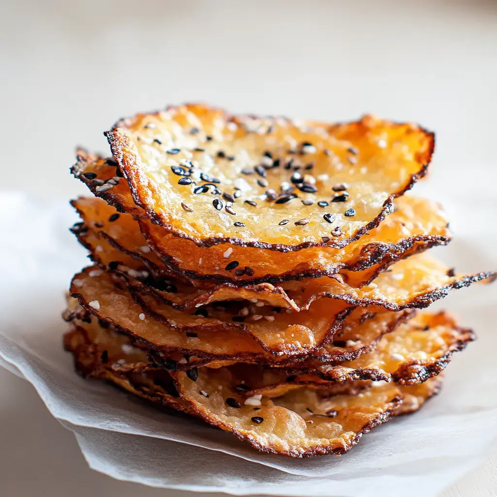 A stack of extra crispy, golden snacks topped with black sesame seeds, sitting on parchment paper.