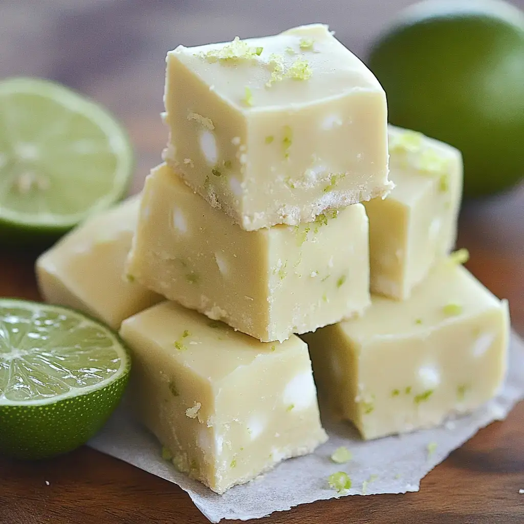 Lots of limey fudge chunks stacked on paper, with a few halved limes close by.