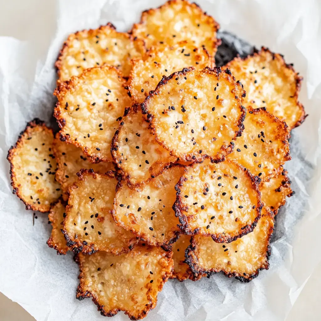 Stack of crispy, golden chips with black seeds, piled on parchment that looks a bit crumpled.