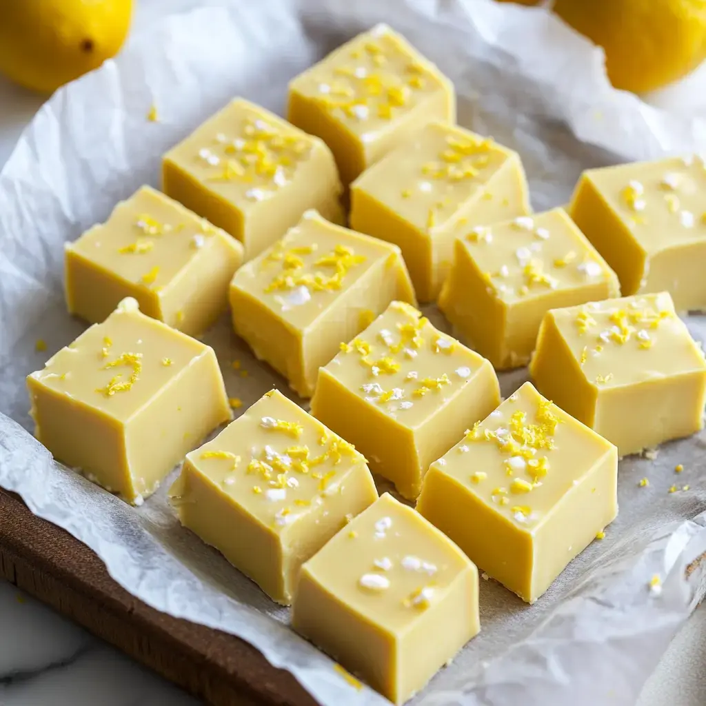 Squares of lemon fudge sitting on parchment, sprinkled with zest, and lemons peeking out in the background.