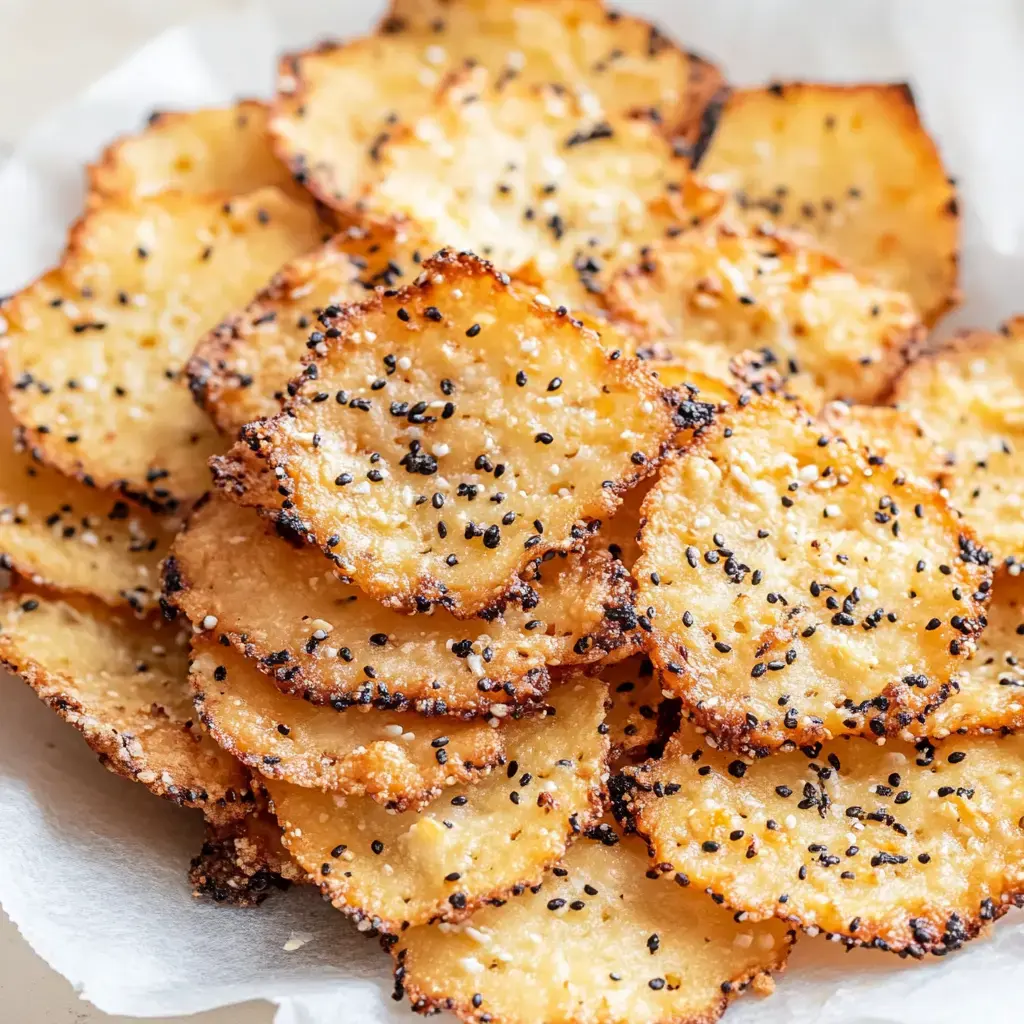 Zoomed-in golden chips with black sesame seeds, resting on a white napkin.