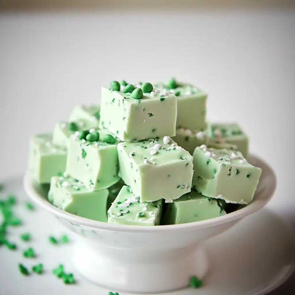 A dish packed with square chunks of green fudge, all covered in green and white sprinkles.