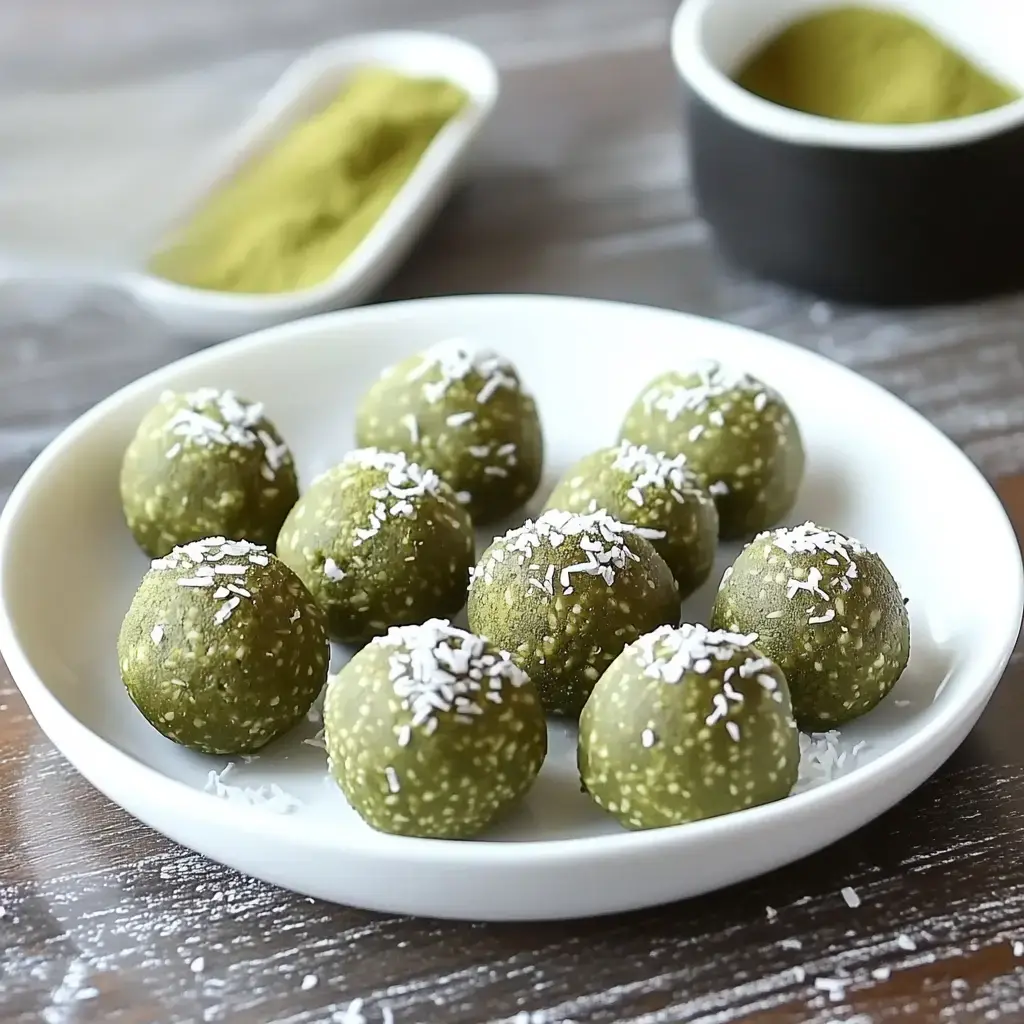 A wooden table holds a plate full of bright green balls rolled in coconut, and there’s a bowl of green powder in the background.
