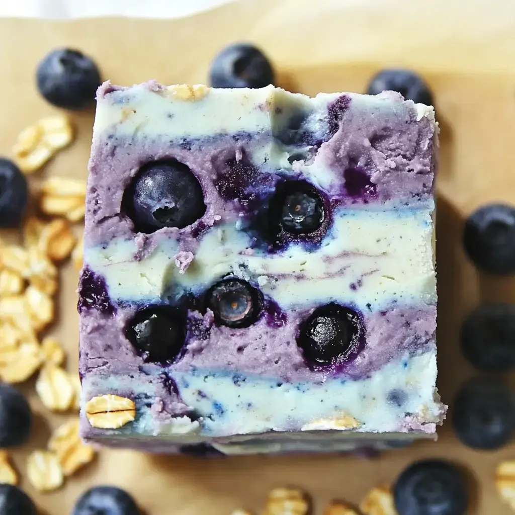 Creamy dessert squares with blueberries and oats, piled up on parchment next to lots of fresh berries and oat flakes.