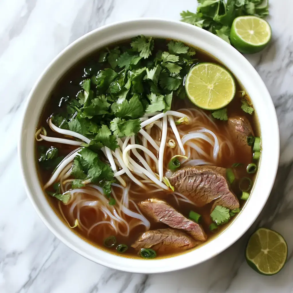 Steaming pho with noodles, broth, beef, sprouts, herbs, and lime on a marble table.