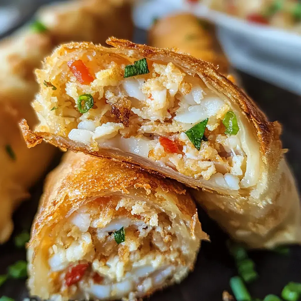 A crispy fried spring roll sliced open, showing off the rice, veggies, and green herbs packed inside.