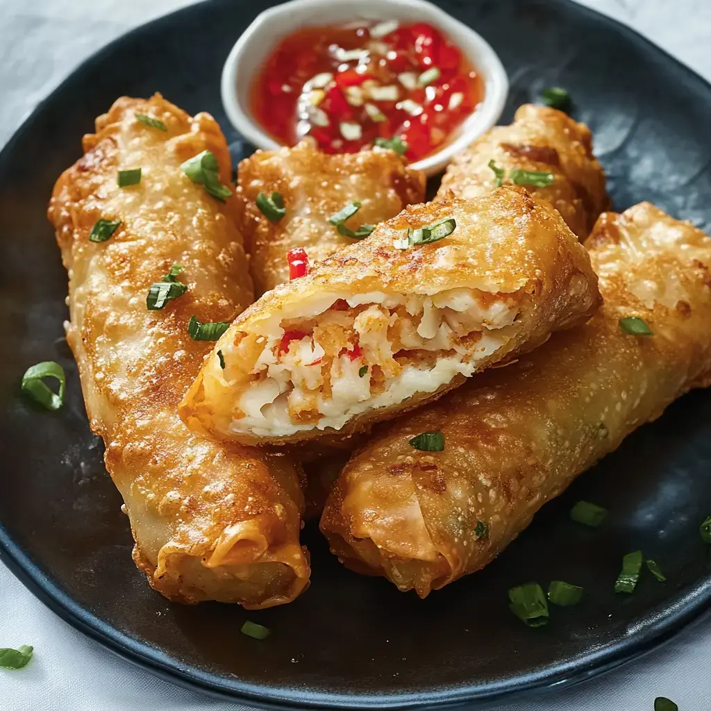 Golden fried spring rolls split open on a white plate, a creamy dip on the side.